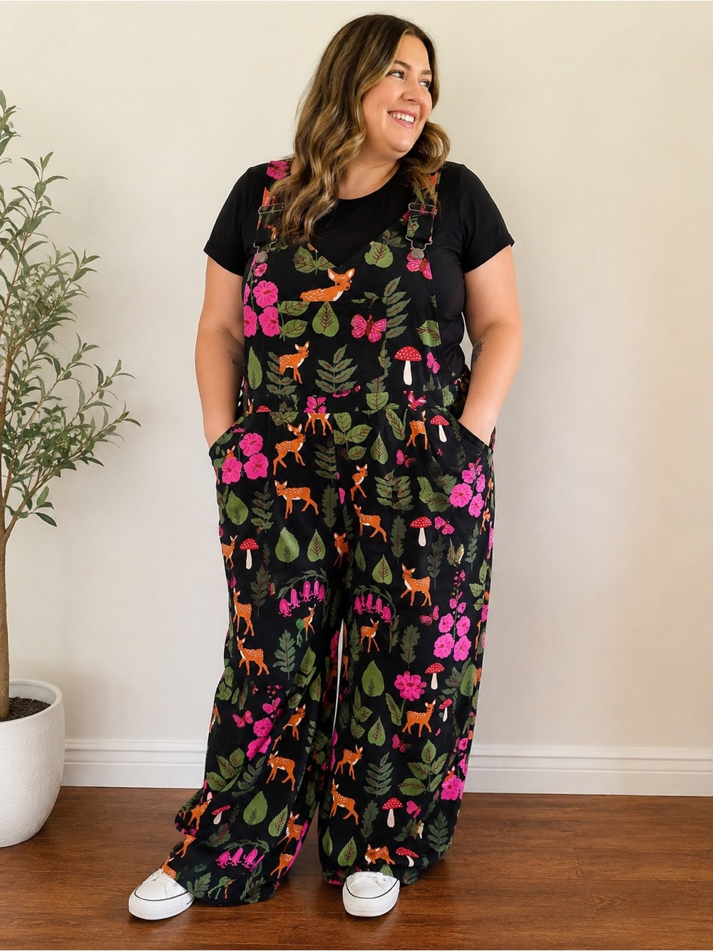 Princess Highway Black Floral & Orange Deer Print Wide-Leg Dungarees